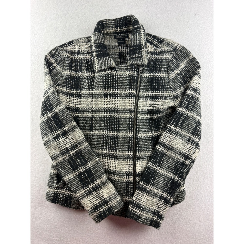 Lucky Brand Womens Black White Plaid‎ Knit Moto Jacket Asymmetric Zip Small